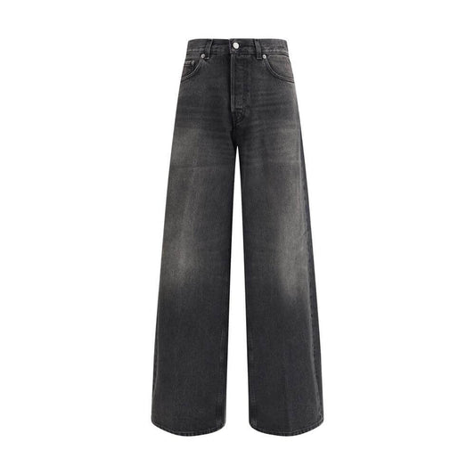 Haikure Black Cotton Relaxed Fit Jeans, oversize wide-leg style with five-pocket design and logoed leather patch. 100% cotton.