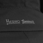 Herno Black Polyester Jacket logo detail on Laminar line, featuring breathable Gore-Tex fabric. Single-breasted men's trench coat.