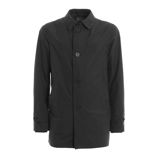 Herno Black Polyester Jacket with single-breasted button closure, breathable Gore-Tex fabric, long sleeves, and shirt collar.
