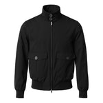 Herno Black Wool Jacket with high collar and technical fabric, featuring double-slider zip and front flap pockets with buttons.