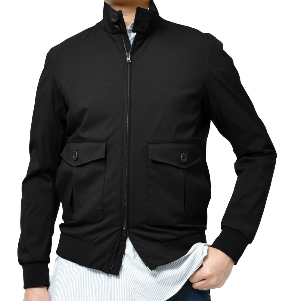 Herno Black Wool Jacket with high collar, double-slider zip closure, Loro Piana fabric, and front pockets for wind and rain protection.