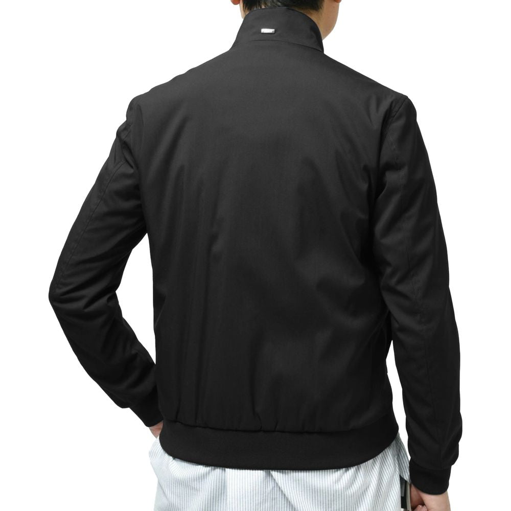 Back view of Herno Black Wool Jacket with high collar and rain-resistant Loro Piana fabric.
