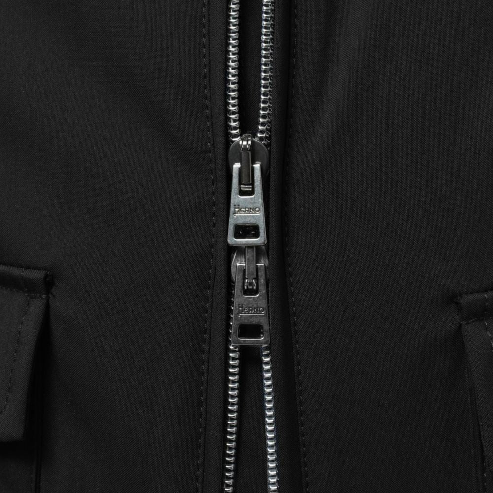Close-up of Herno Black Wool Jacket with double-slider zip closure and technical fabric detail.