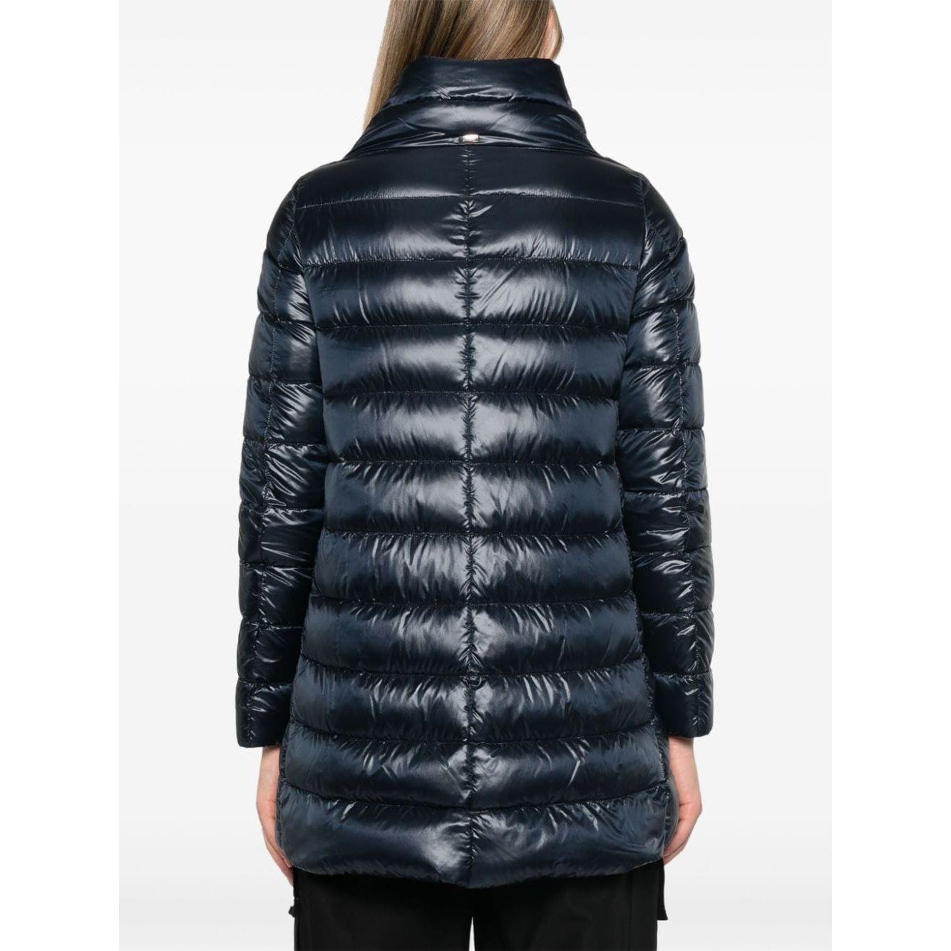 Herno Coats Blue navy blue high-shine quilted Ameli midi down jacket with funnel neck and long sleeves