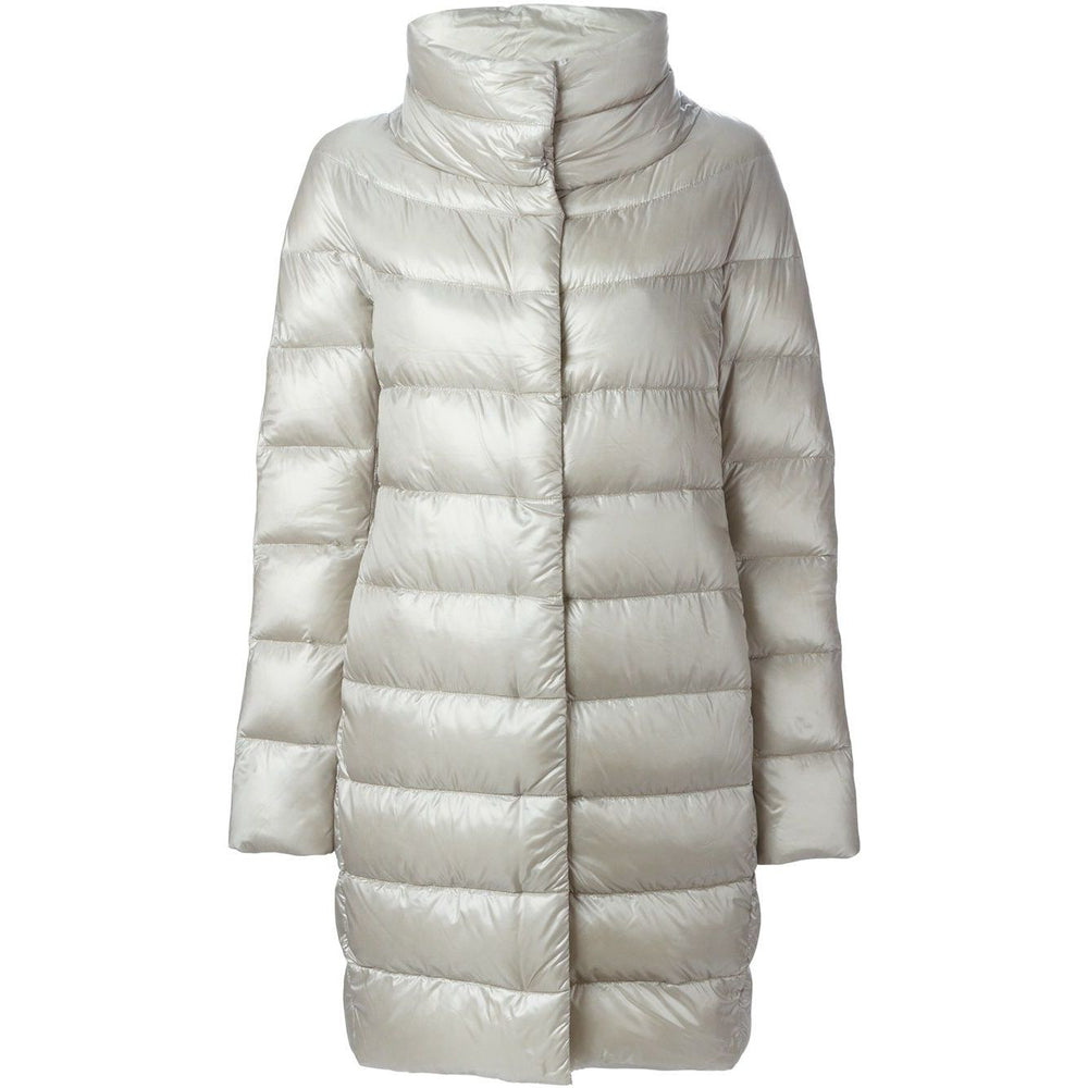 Herno Coats Light Grey padded Dora long down jacket, elegant and stylish outerwear.