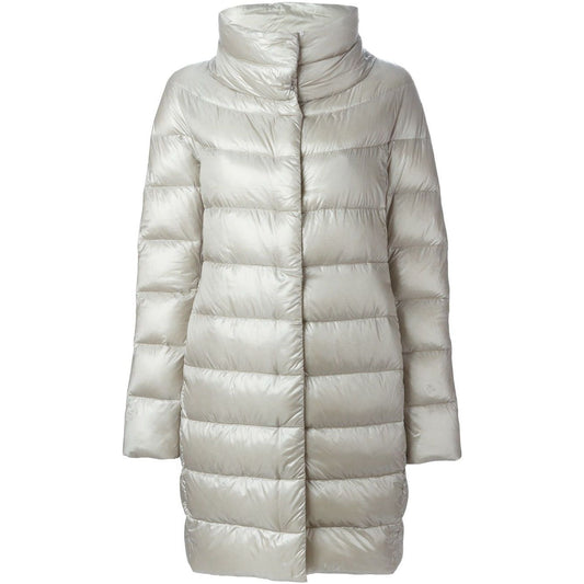 Herno Coats Light Grey padded Dora long down jacket, elegant and stylish outerwear.
