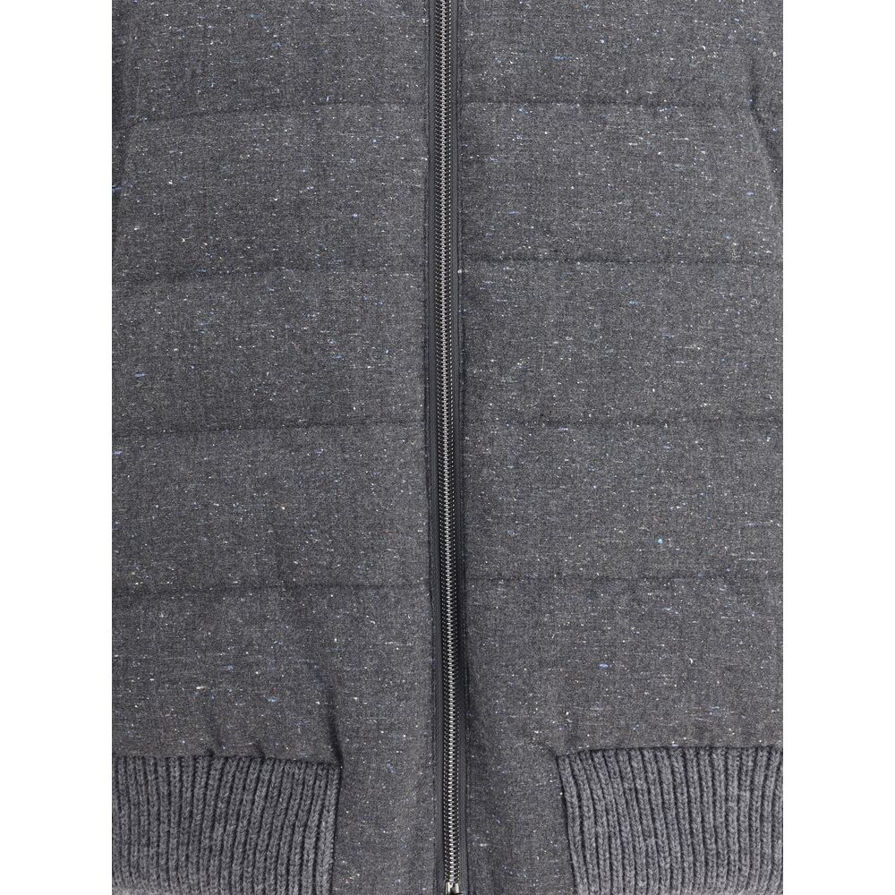 Close-up of Herno Gray Wool Bomber showcasing mélange pattern and ribbed hem detailing for a refined casual look.