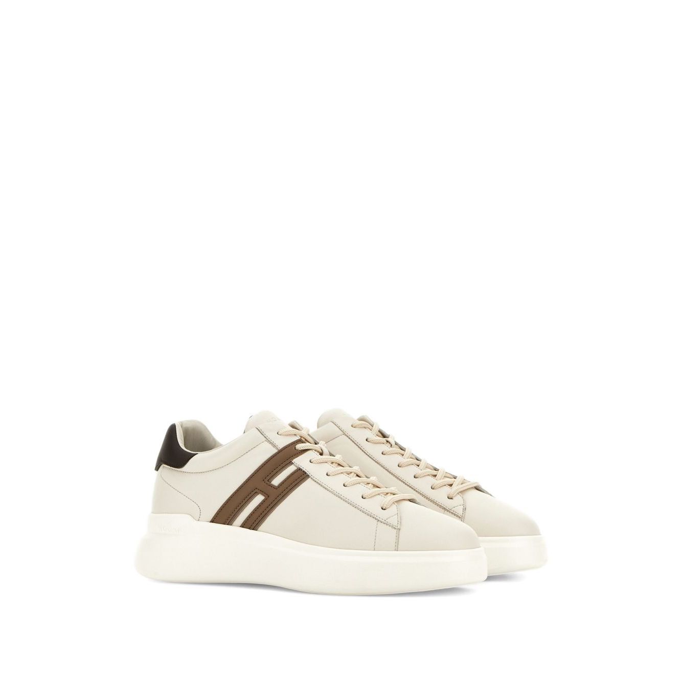 Hogan Pre Sneakers Hogan H580, light beige leather shoes with lace-up fastening, chunky sole, appliqué logo, and contrasting heel counter.