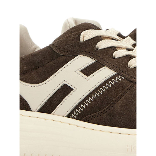 Hogan Pre Sneakers Hogan H630, coffee brown leather, front lace-up, logo patch, contrasting heel