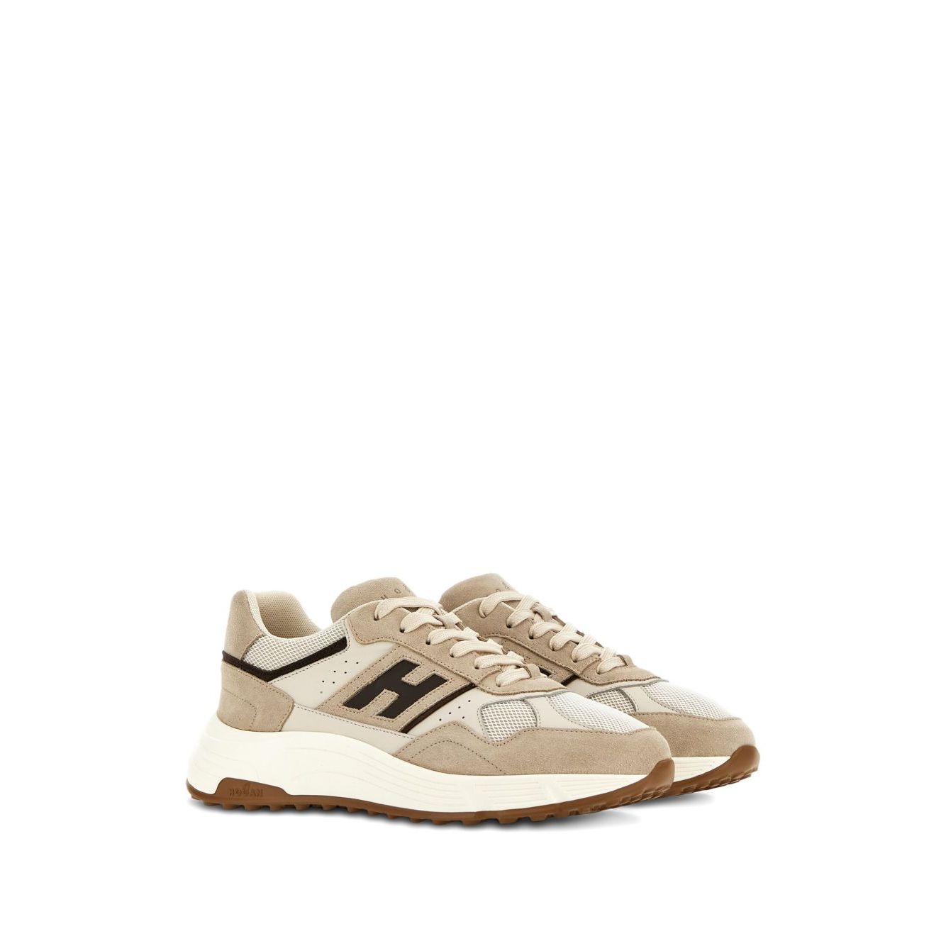 Hogan Pre Sneakers Hogan Hi-Fi in light beige with front lace-up, memory foam insole, appliqué logo, and perforated Hyperlight leather design.