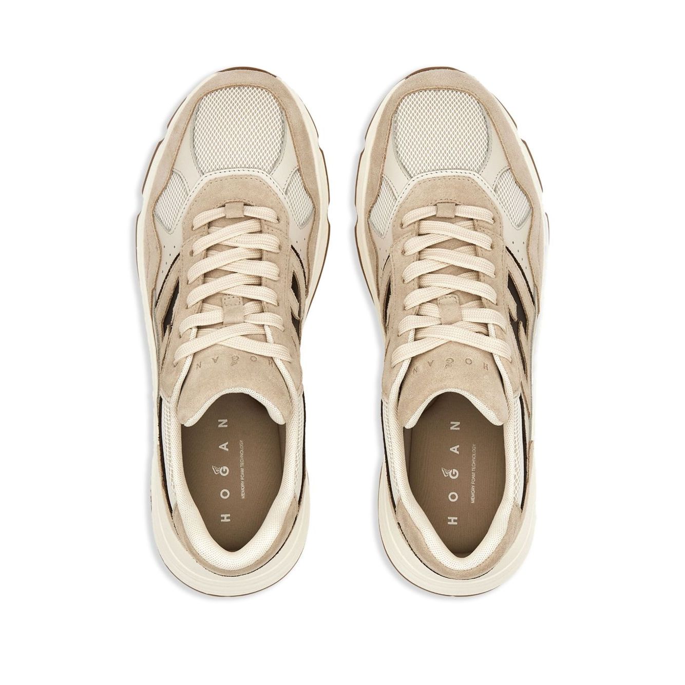 Top view of Hogan Pre Sneakers Hogan Hi-Fi in light beige leather with lace-up fastening, memory foam insole, and perforated detailing.