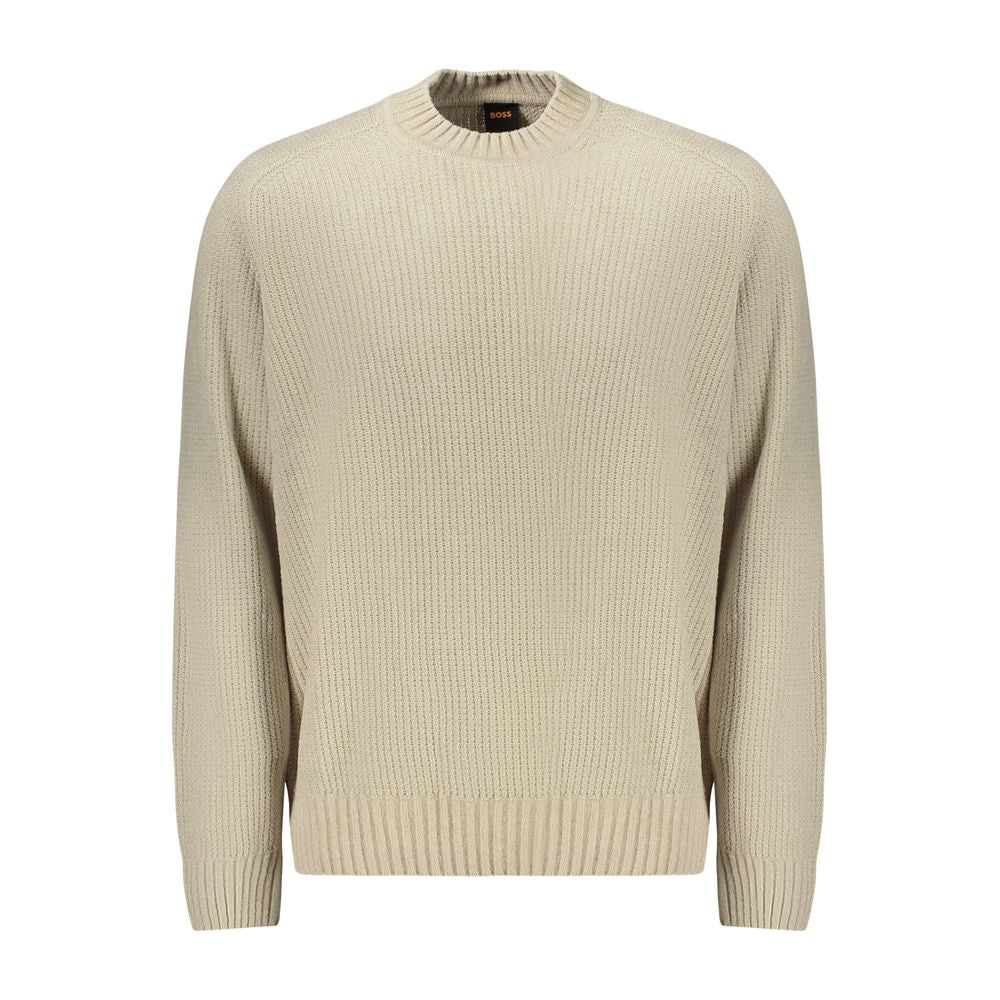 Hugo Boss Beige Cotton Sweater, long sleeve chenille crew neck with logo detailing, stylish and comfortable for any occasion.