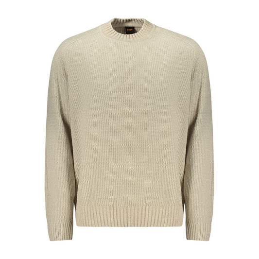 Hugo Boss Beige Cotton Sweater, long sleeve chenille crew neck with logo detailing, stylish and comfortable for any occasion.