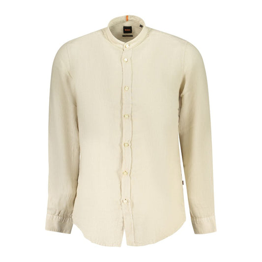 Hugo Boss Beige Linen Men Shirt with mandarin collar and 1-button cuffs, showcasing elegant design and sophisticated style.