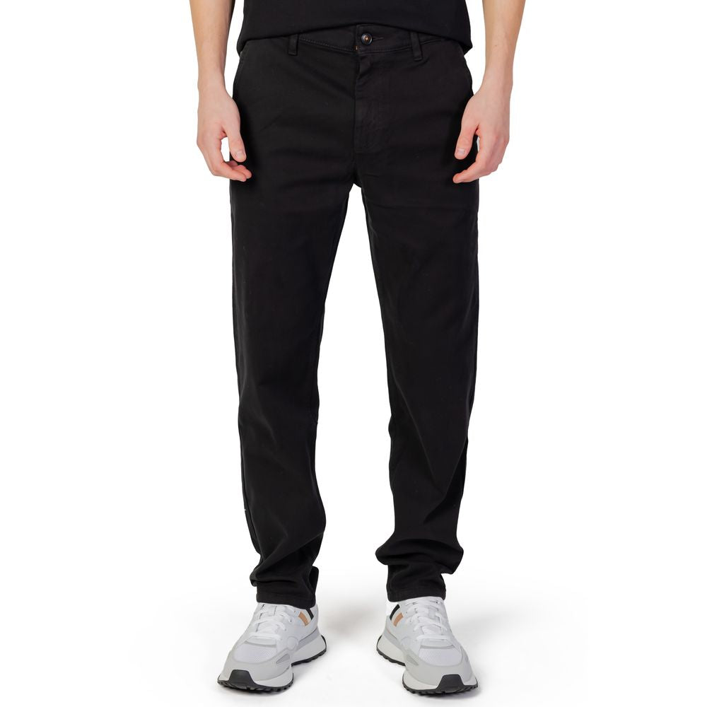 Hugo Boss Black Cotton Chino Pants, tapered fit men's trousers displayed on model, ideal for office or leisure, featuring stretch fabric.