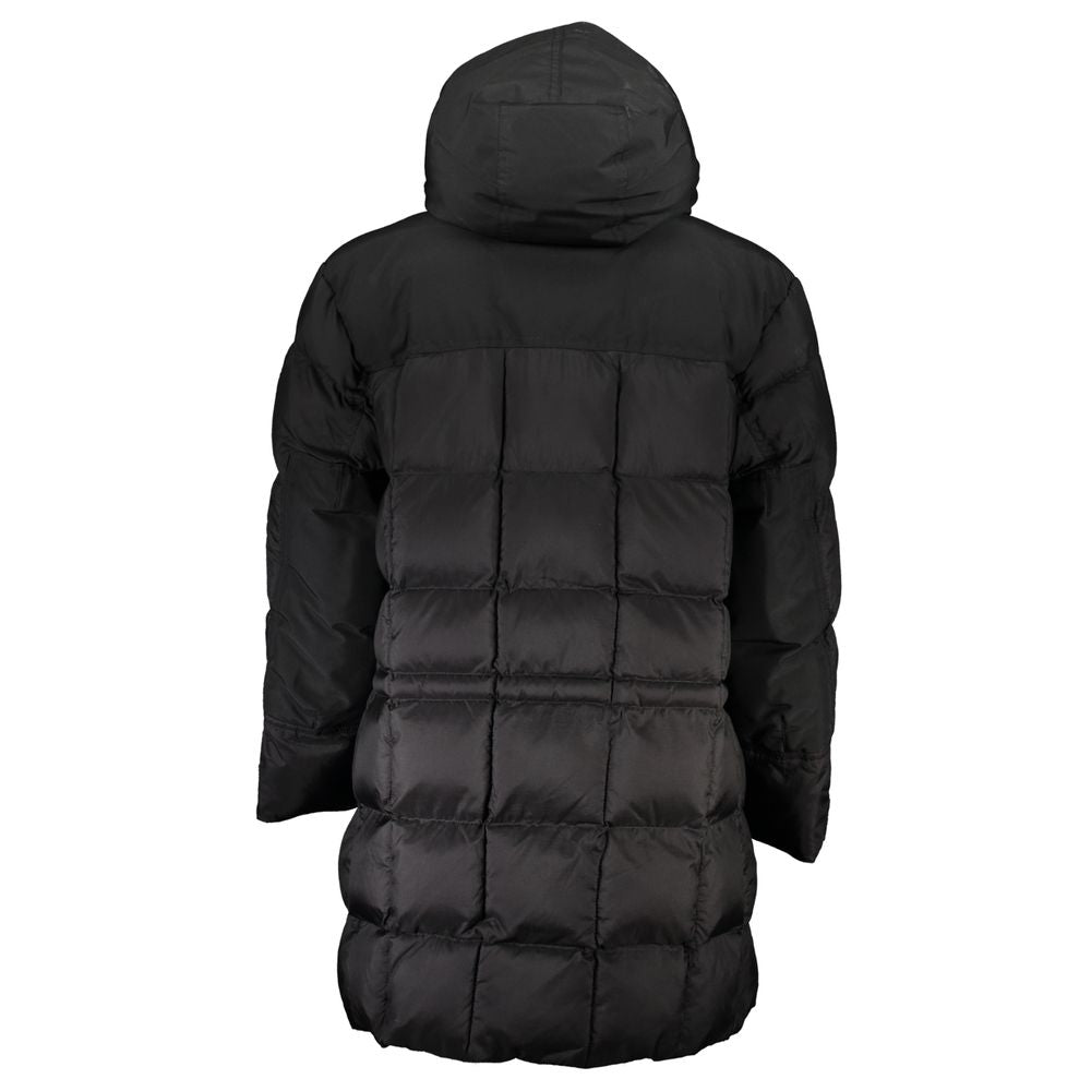 Back view of Hugo Boss Black Polyamide Men Jacket with hood and quilted design, showcasing stylish and durable craftsmanship.