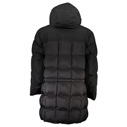 Back view of Hugo Boss Black Polyamide Men Jacket with hood and quilted design, showcasing stylish and durable craftsmanship.