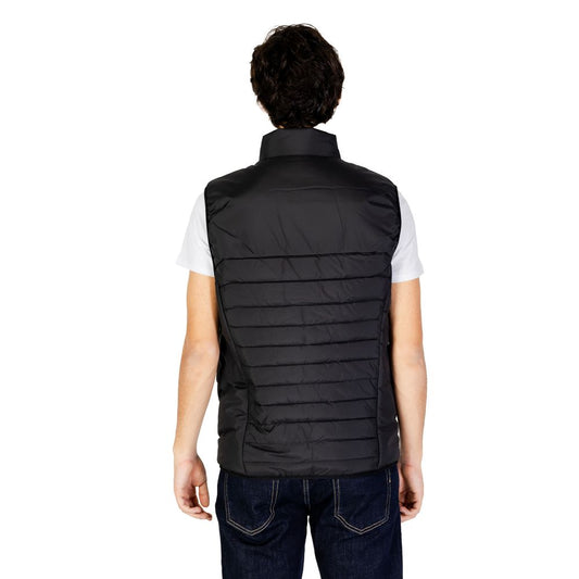 Back view of Hugo Boss Black Polyester Sleeveless Jacket on a male model, showcasing the quilted design and high collar.