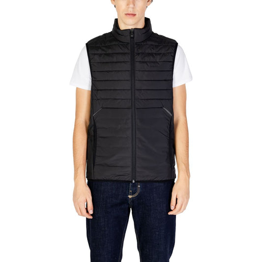 Hugo Boss Black Polyester Sleeveless Jacket with zip closure and high collar, front view on model, quilted design for modern style and comfort.