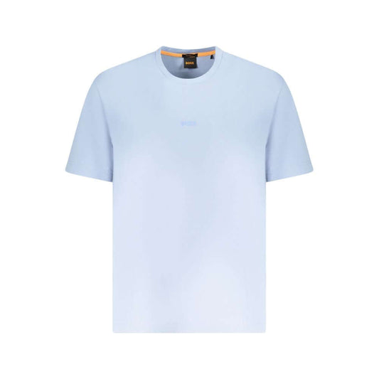 Hugo Boss Blue Cotton Men T-Shirt with logo, crew neck, short sleeves, and relaxed fit, crafted from organic cotton blend for comfort.