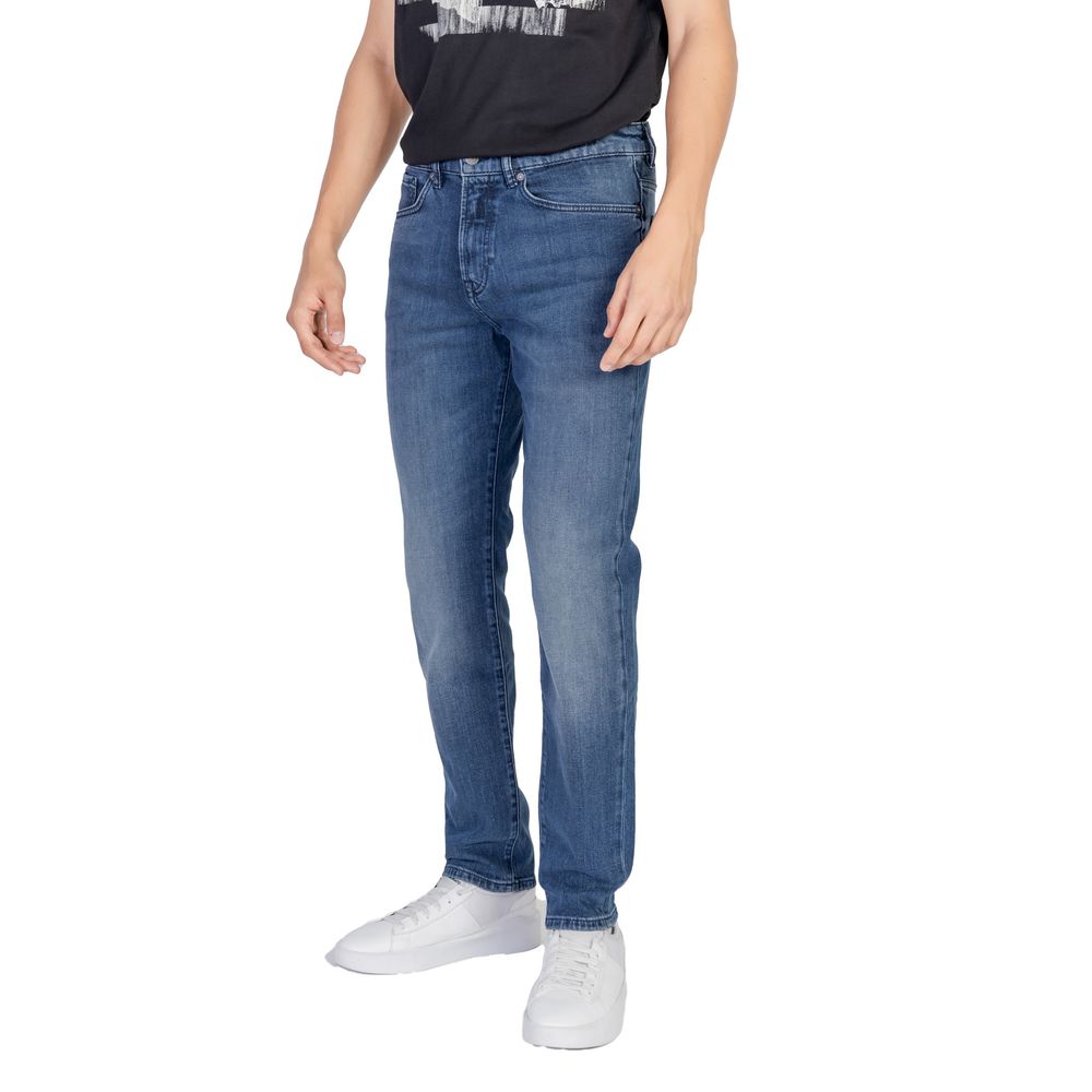 Hugo Boss Blue Cotton Relaxed Fit Jean for men with regular loose fit, offering comfort and modern style, ideal for easy movement.