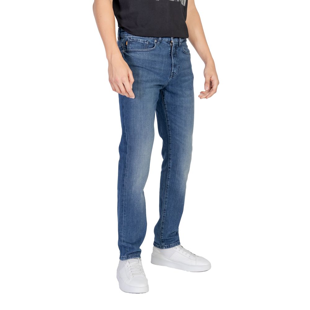 Hugo Boss Blue Cotton Relaxed Fit Jean for men, showcasing modern style and comfort with a regular and slightly loose fit.
