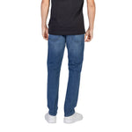 Back view of Hugo Boss Blue Cotton Relaxed Fit Jean on model, showcasing regular loose fit and modern style for comfort movement.