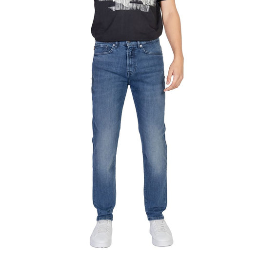 Hugo Boss Blue Cotton Relaxed Fit Jean on model for contemporary style and comfort