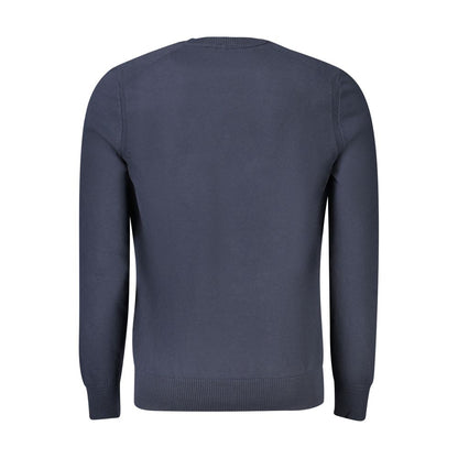 Back view of Hugo Boss Blue Cotton Sweater with long sleeves and crew neck, featuring embroidery and logo design.