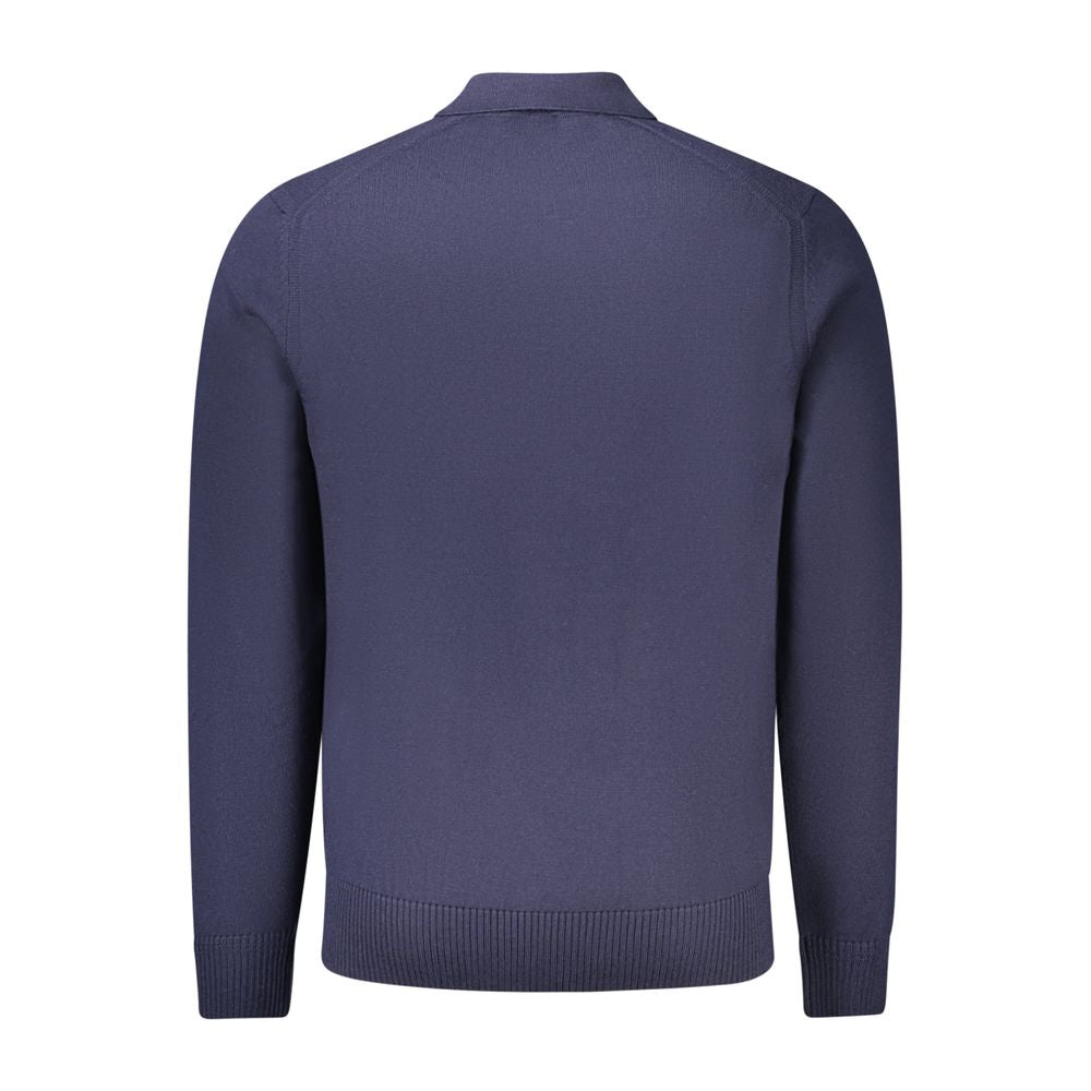 Back view of Hugo Boss Blue Wool Mens Sweater showcasing luxury style with distinctive embroidery and logo. Cozy 60% wool, 40% acrylic.