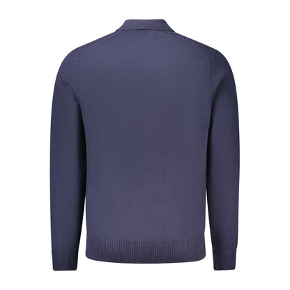 Back view of Hugo Boss Blue Wool Mens Sweater showcasing luxury style with distinctive embroidery and logo. Cozy 60% wool, 40% acrylic.