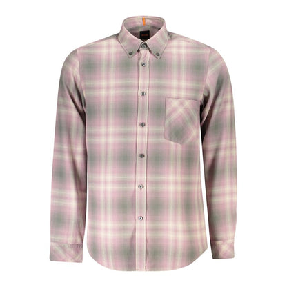Hugo Boss Pink Cotton Men Shirt with plaid pattern, long-sleeved, button-down collar, and pocket, ideal for sophisticated style.