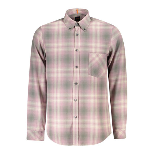 Hugo Boss Pink Cotton Men Shirt with plaid pattern, long-sleeved, button-down collar, and pocket, ideal for sophisticated style.