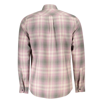 Back view of Hugo Boss Pink Cotton Men Shirt with plaid design, button-down collar, and tailored fit, made from 100% cotton.