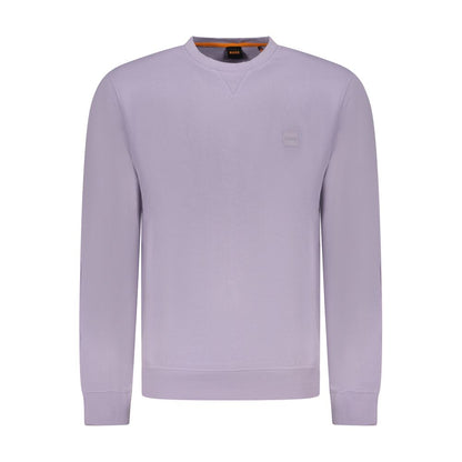 Hugo Boss Purple Cotton Men Sweater with long sleeves and crew neck, featuring stylish embroidery and logo details for a modern look.