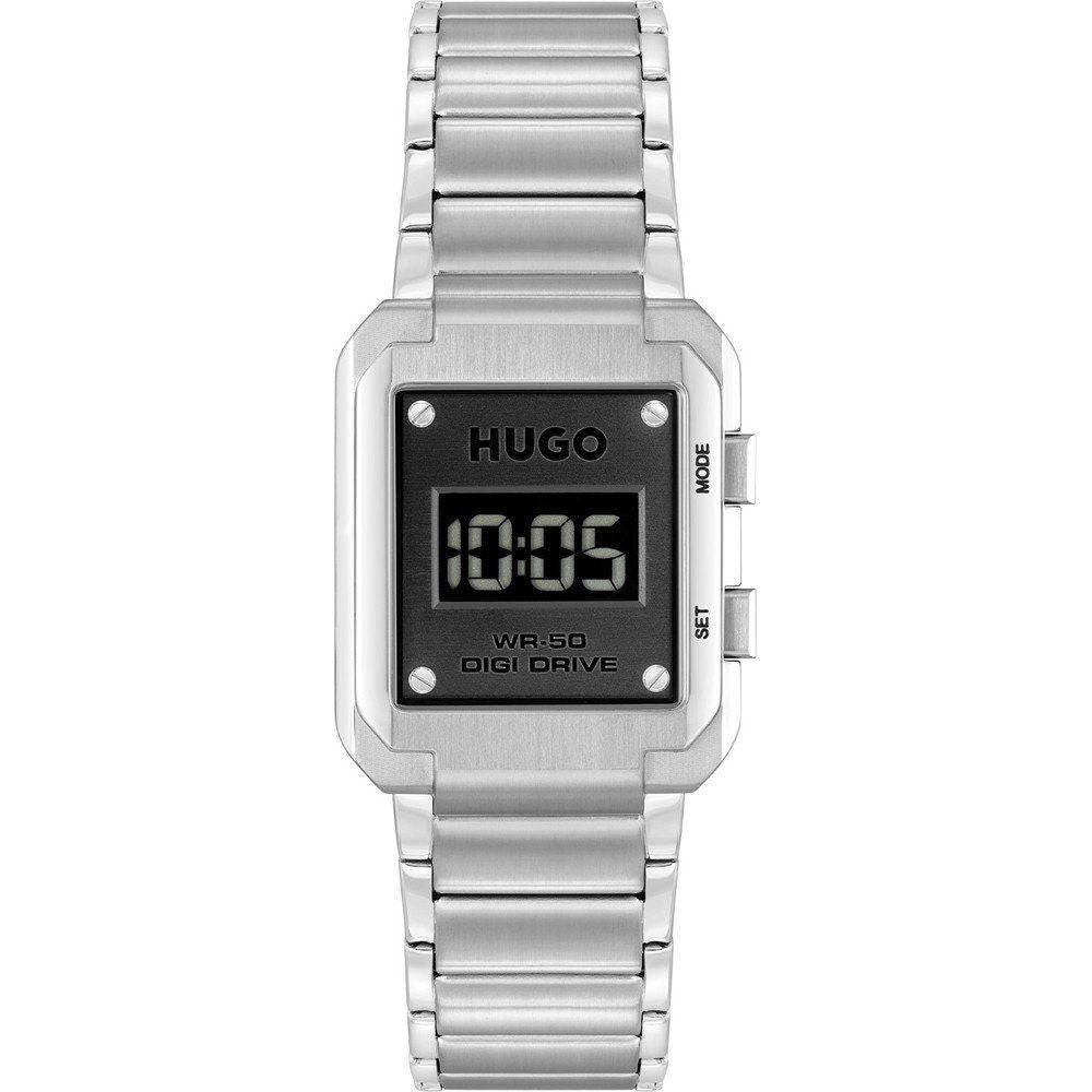 Hugo Boss Silver Stainless Steel Digital Watch with quartz mechanism, black digital display, and silver bracelet. Water-resistant up to 50M.