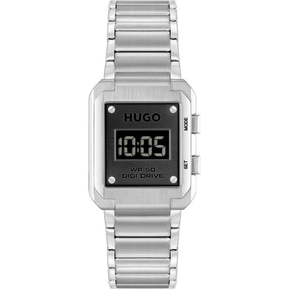Hugo Boss Silver Stainless Steel Digital Watch with quartz mechanism, black digital display, and silver bracelet. Water-resistant up to 50M.