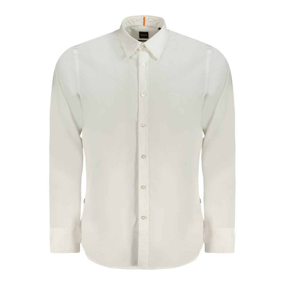 Hugo Boss White Cotton Men Shirt with Italian collar and logo embroidery, long sleeve, regular fit for a sophisticated look