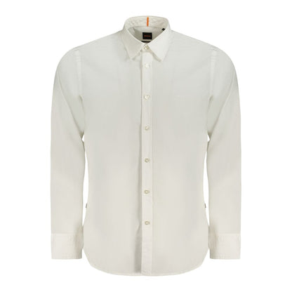 Hugo Boss White Cotton Men Shirt with Italian collar and logo embroidery, long sleeve, regular fit for a sophisticated look