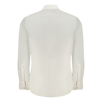 Back view of Hugo Boss White Cotton Men Shirt with Italian collar and 1-button cuffs, showcasing modern silhouette and subtle logo embroidery.