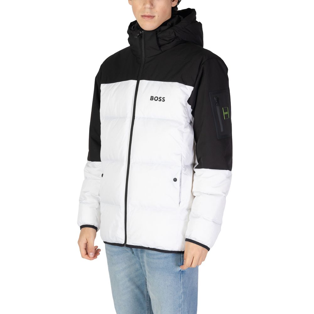 Hugo Boss White Recycled Polyester Jackets & Coat featuring modern design with adjustable hood and zip, perfect for cold weather.