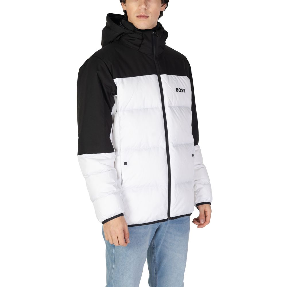 Model wearing Hugo Boss White Recycled Polyester Jackets & Coat, sustainable design with adjustable hood and wide quilting.