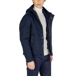 Men wearing Hydra Clothing Blue Polyester Jackets & Coat from fall/winter collection, 75% polyester, 25% wool.