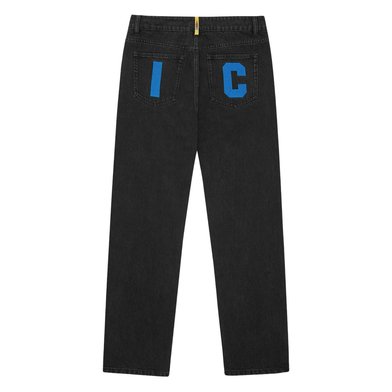 ICECREAM Jeans Black with back patch lettering and classic five pockets, showcasing denim style.