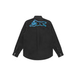 ICECREAM Shirts Black denim shirt with running dog design, showing back view, featuring press-stud cuffs and chest pocket details.