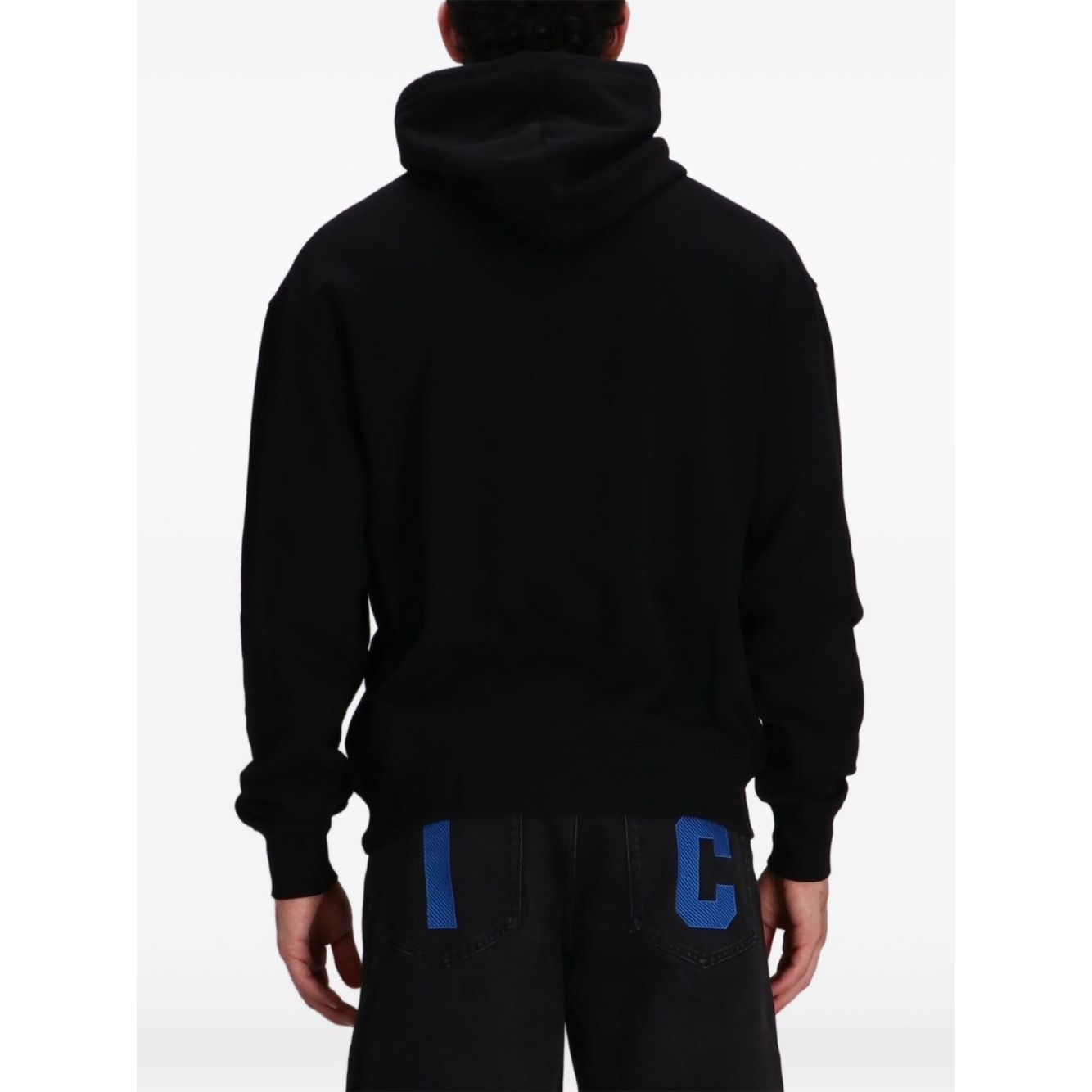 ICECREAM Sweaters Black drawstring hoodie with dog motif and appliqué detailing, back view of Running Dog Popover design.