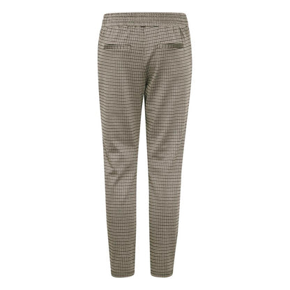 Rear view of ICHI Beige Polyester Casual Pants showcasing tapered cut, flat waistband, and checkered pattern design.
