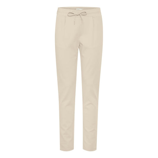 ICHI Beige Polyester Pants with elastic waistband and drawstring, featuring front pleats and a slim fit for modern women.