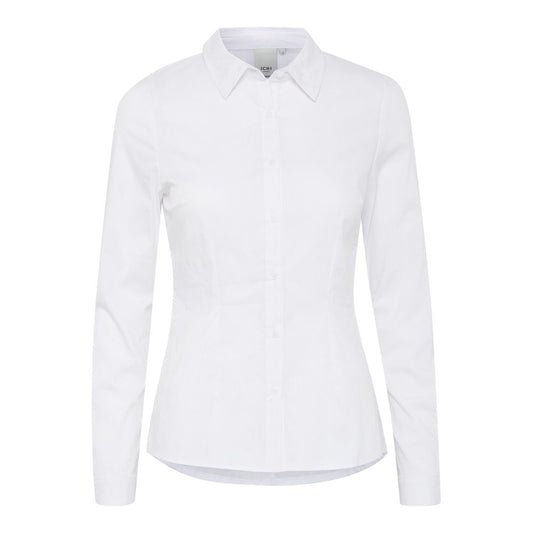ICHI White Cotton Shirt with long sleeves and classic collar for women, featuring a front button closure and comfortable fit.