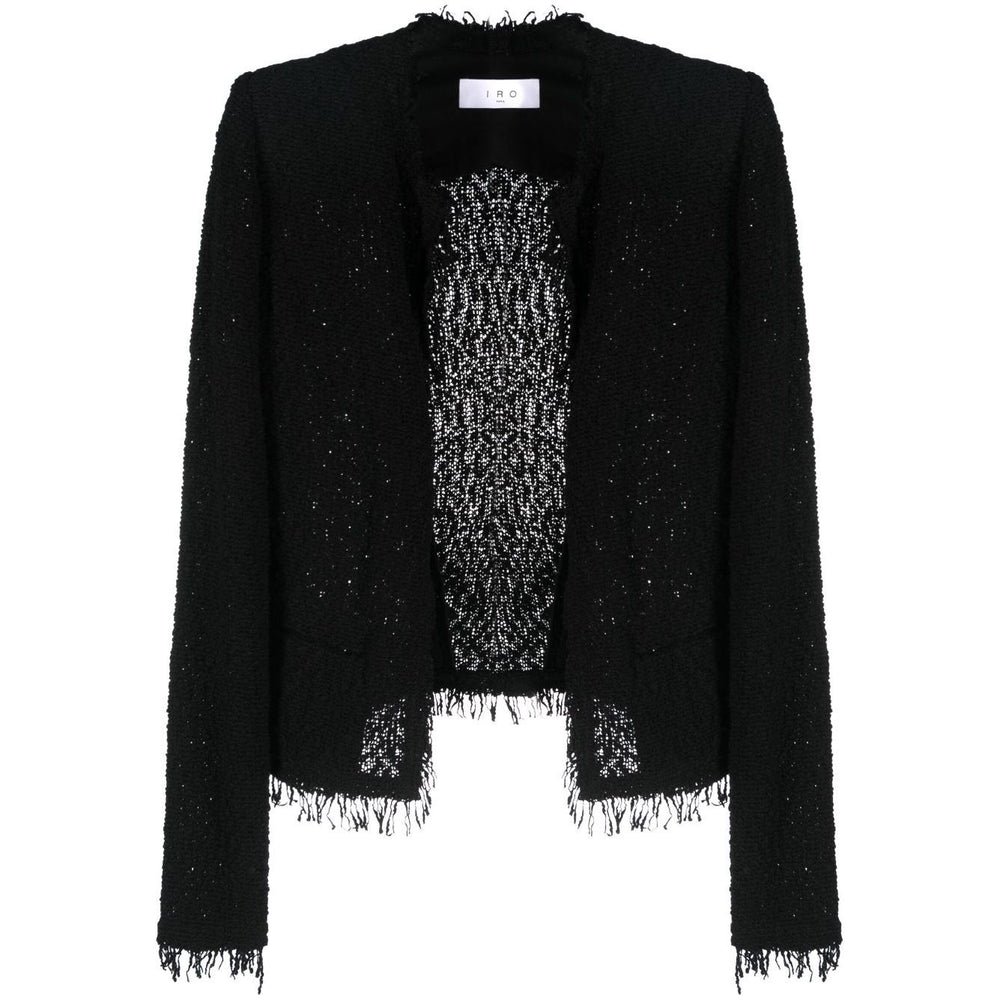 Iro Jackets Black cotton blend jacket with textured finish, fringe detailing, round neck, open front, long sleeves, and welt pockets.